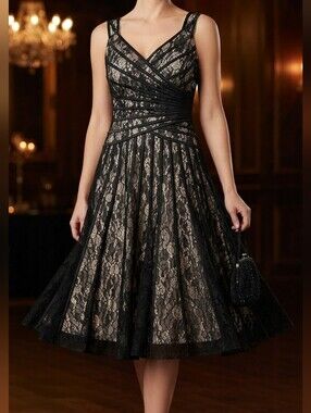 JS Collections Black Lace Overlay Fit & Flare Dress - Size 12